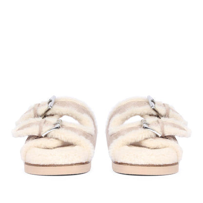 Saint Cosima Fur Taupe Suede Leather Snug Flats