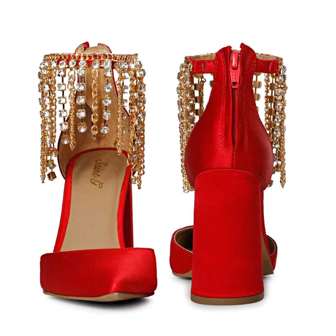 Saint Fayette Stone Studded Chain Red Satin Block Heels