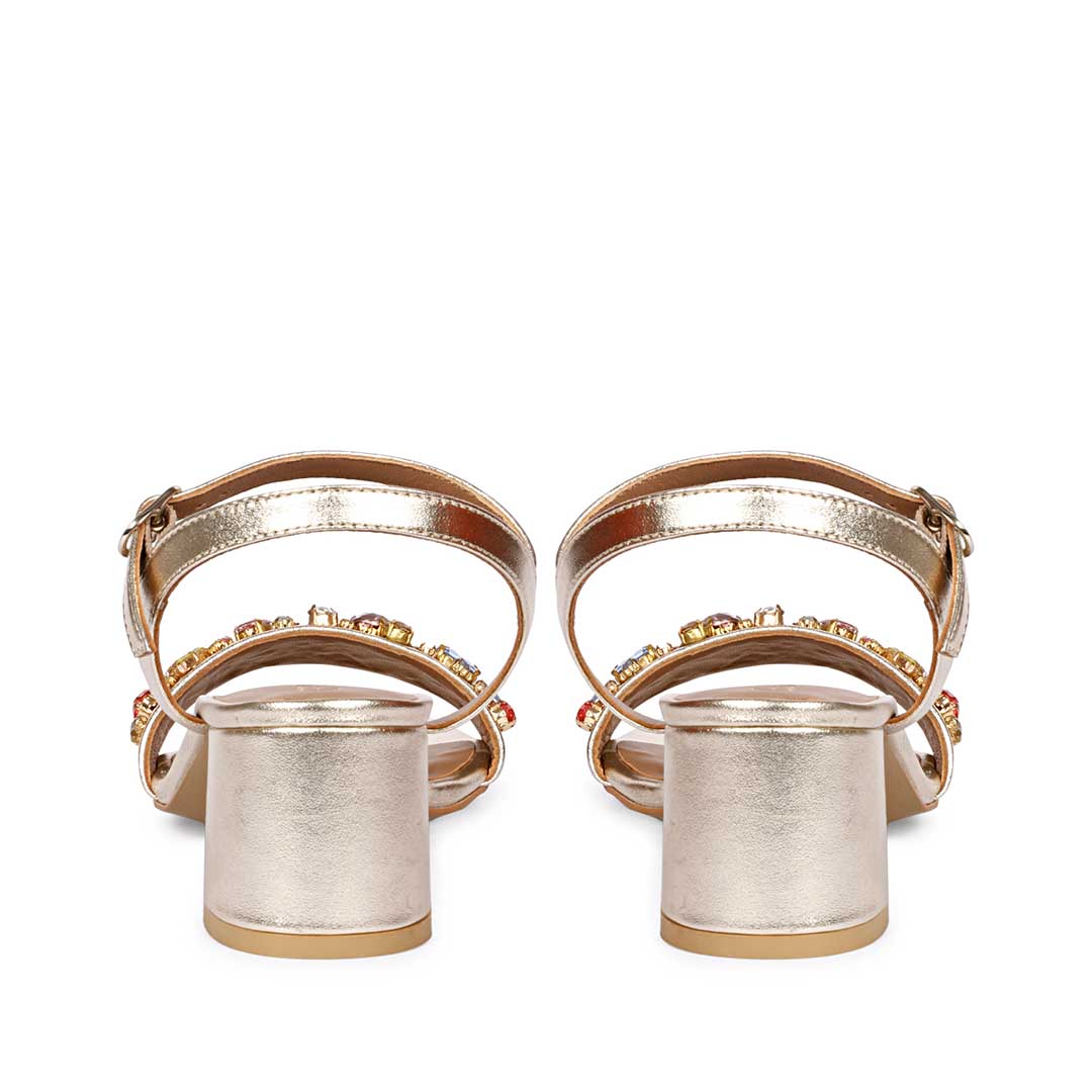 Saint Ella Multi Stones Decor Gold Leather Block Heels