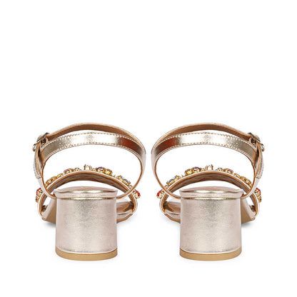 Saint Ella Multi Stones Decor Gold Leather Block Heels