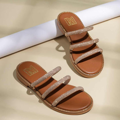 ViviBlu Tan Leather Flat Sandals Embellished With Champagne Straps