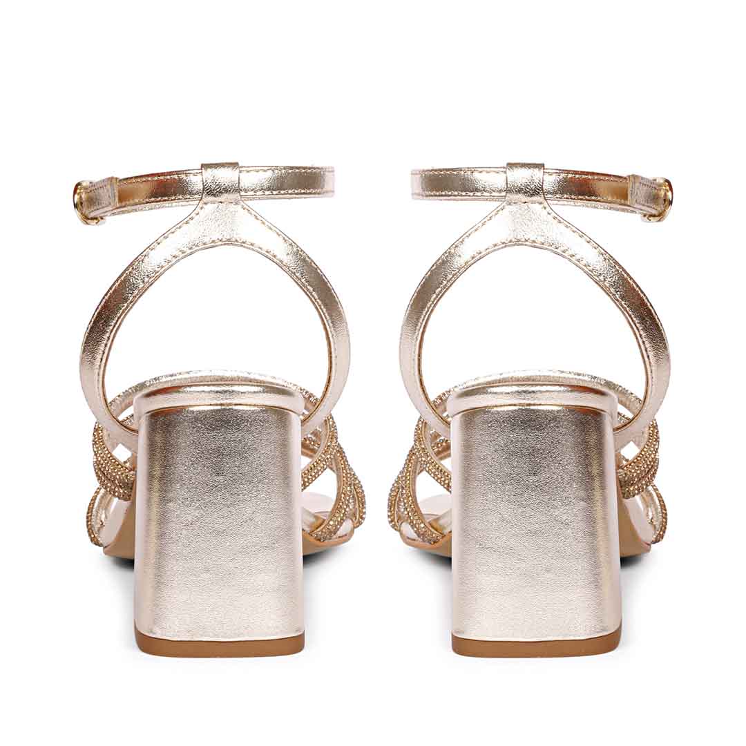 Saint Aldina Crystal Cord String Gold Leather Jewel Block Heels