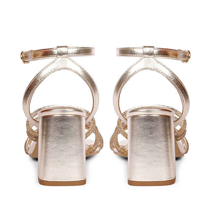Saint Aldina Crystal Cord String Gold Leather Jewel Block Heels