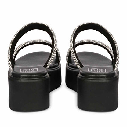 ViviBlu Black Leather Platform Sandals Embellished With Silver Straps
