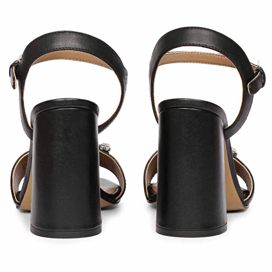 Saint Macy Silver Stone Jewel Black Leather Block Heels