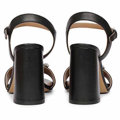 Saint Macy Silver Stone Jewel Black Leather Block Heels