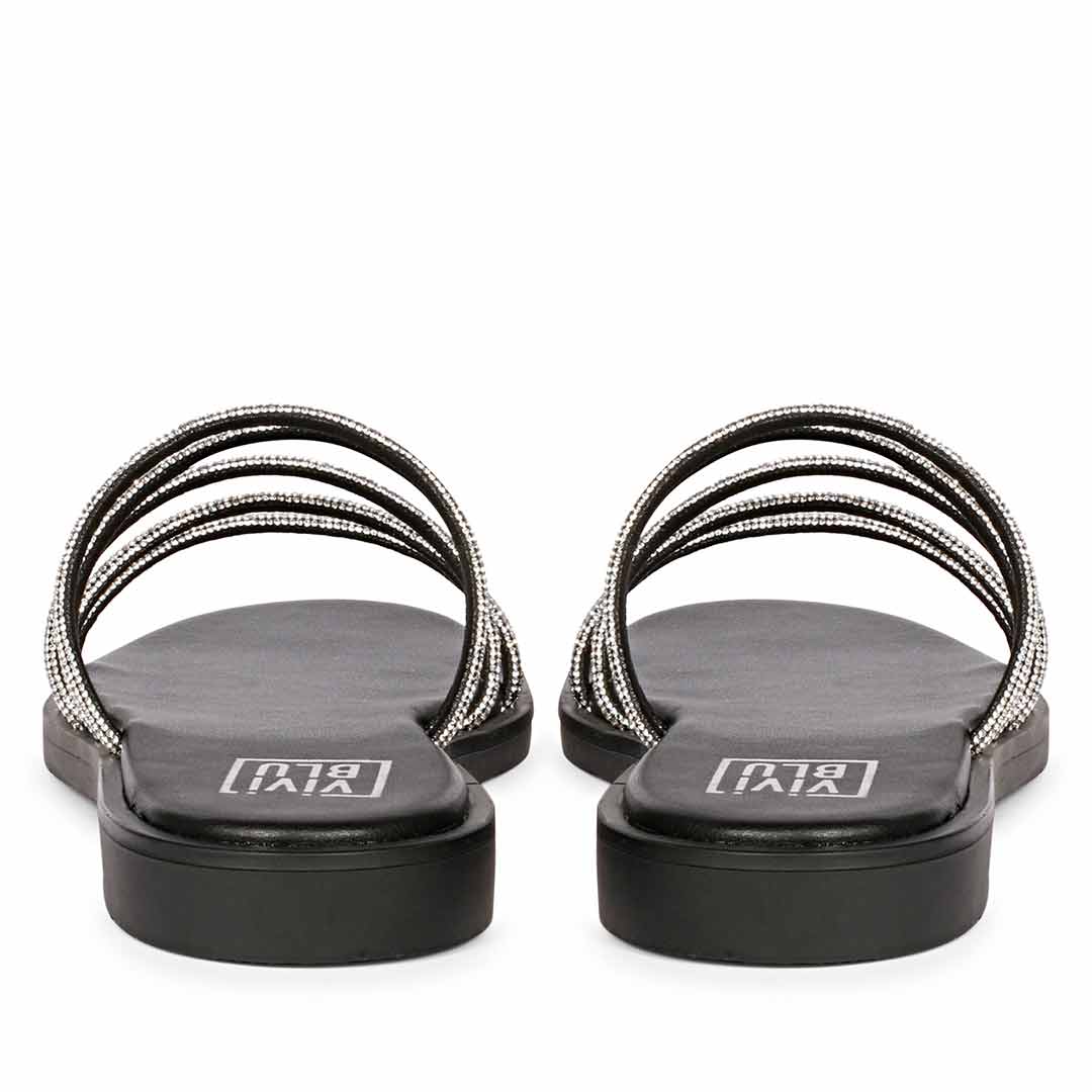 ViviBlu Black Leather Flat Sandals Embellished With Silver Straps