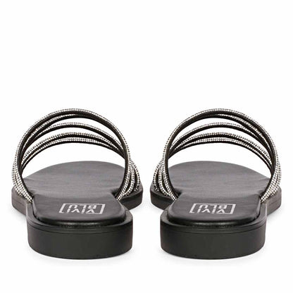 ViviBlu Black Leather Flat Sandals Embellished With Silver Straps