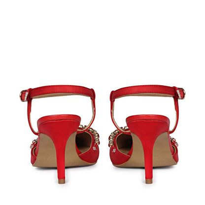 Leila Multi Stone Embellished Red Nylon Fabric Pumps