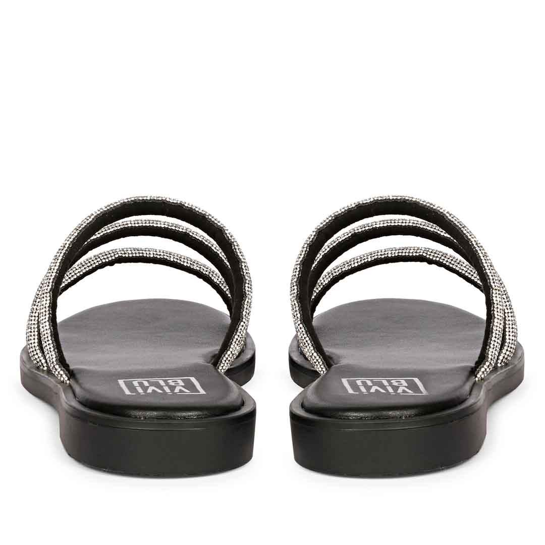ViviBlu Black Leather Flat Sandals Embellished With White Straps