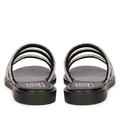 ViviBlu Black Leather Flat Sandals Embellished With White Straps