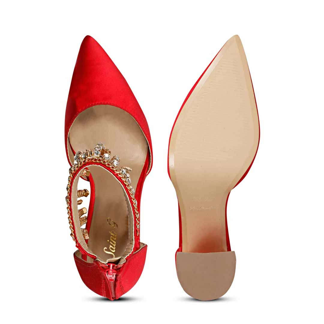 Saint Fayette Stone Studded Chain Red Satin Block Heels
