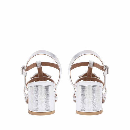 Saint Donya Stones Silver Metallic Leather Block Heels