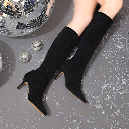 Saint Jemima Black Stretch Suede Kitten Heel Knee High Boots - SaintG India