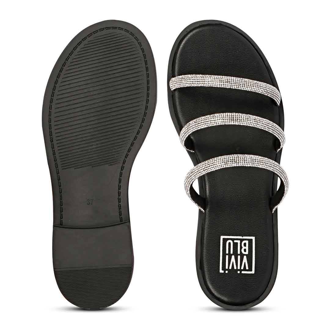 ViviBlu Black Leather Flat Sandals Embellished With White Straps