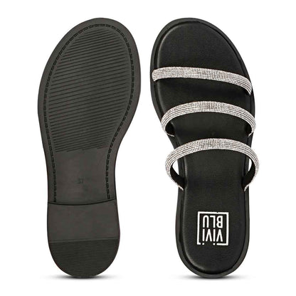 ViviBlu Black Leather Flat Sandals Embellished With White Straps