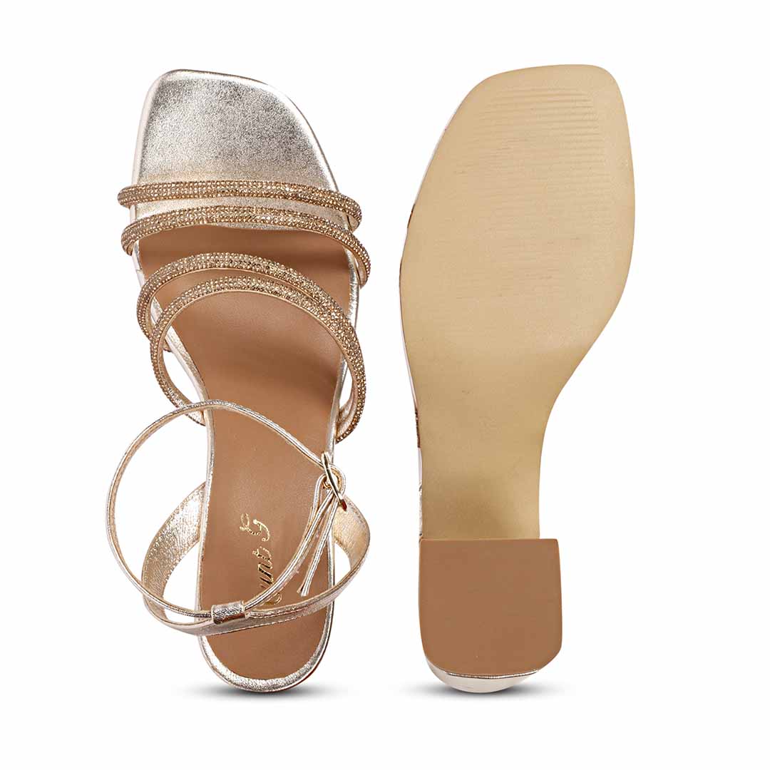 Saint Aldina Crystal Cord String Gold Leather Jewel Block Heels