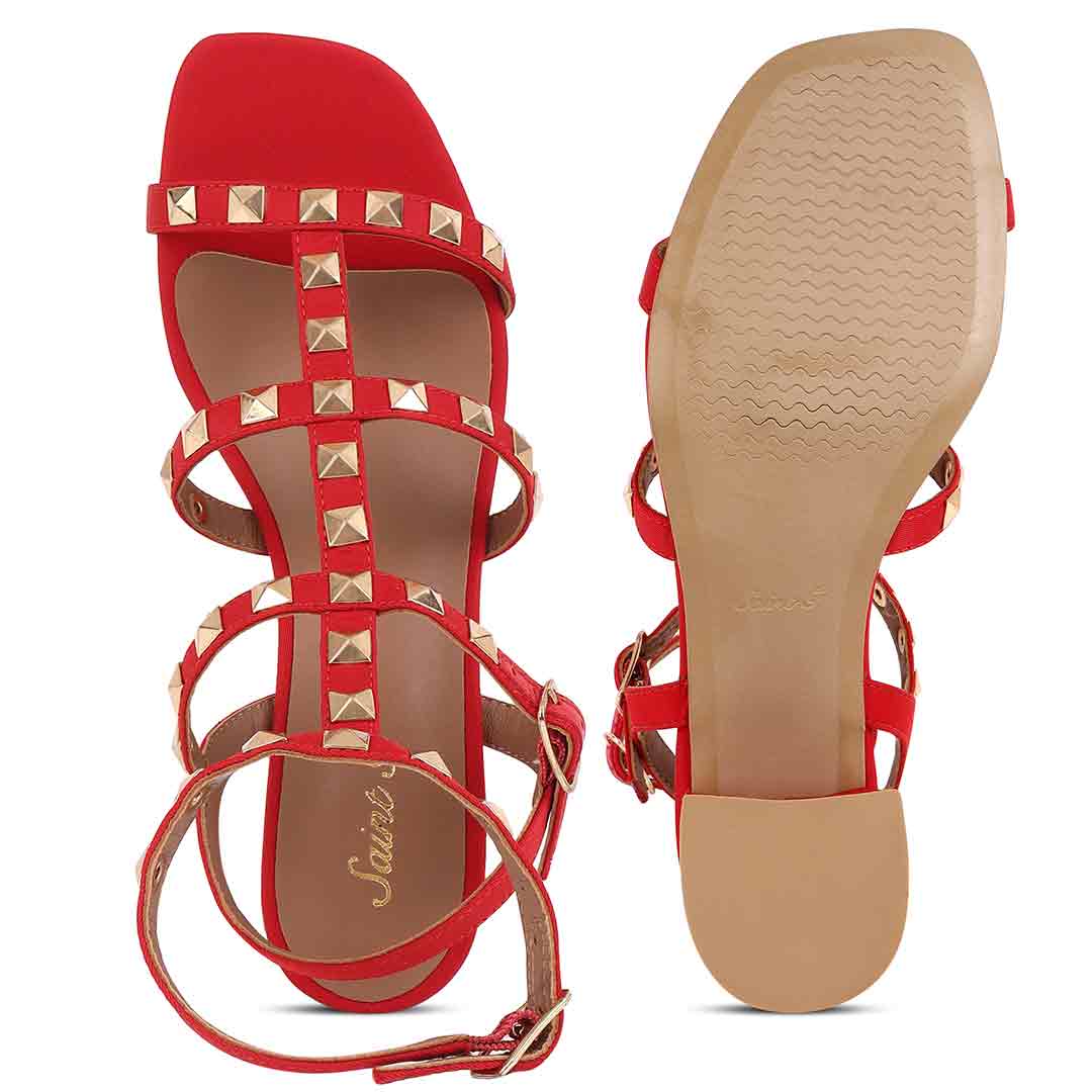 Saint Angela Gold Metal Studs Red Block Heels