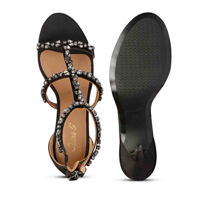 Saint Ella Smoke Stone Embellished Black Leather Heels