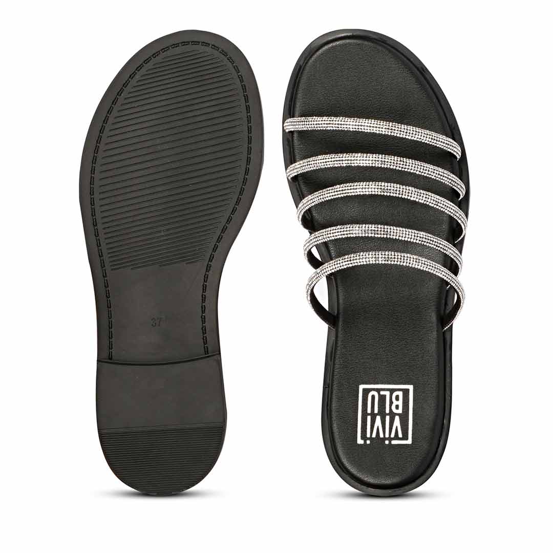 ViviBlu Black Leather Flat Sandals Embellished With Silver Straps