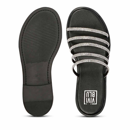 ViviBlu Black Leather Flat Sandals Embellished With Silver Straps