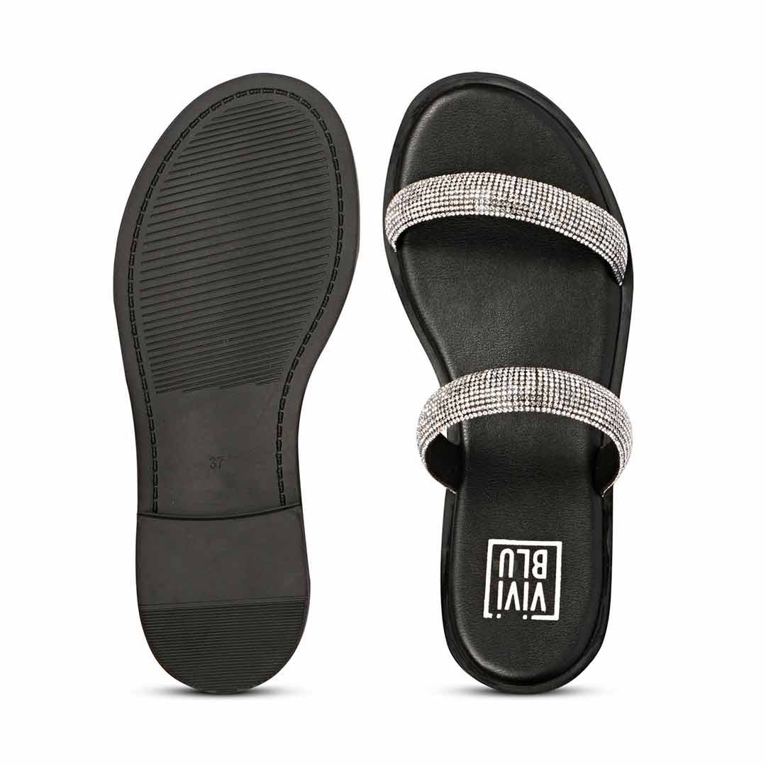 ViviBlu Black Leather Flat Sandals Embellished With Silver Straps