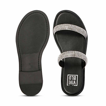 ViviBlu Black Leather Flat Sandals Embellished With Silver Straps