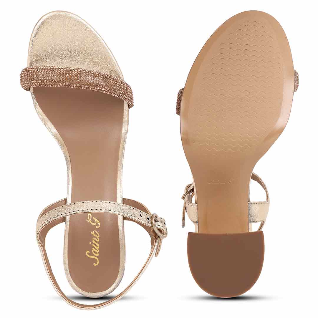 Saint Gracie Strass Embellished Metallic Gold Leather Block Heels