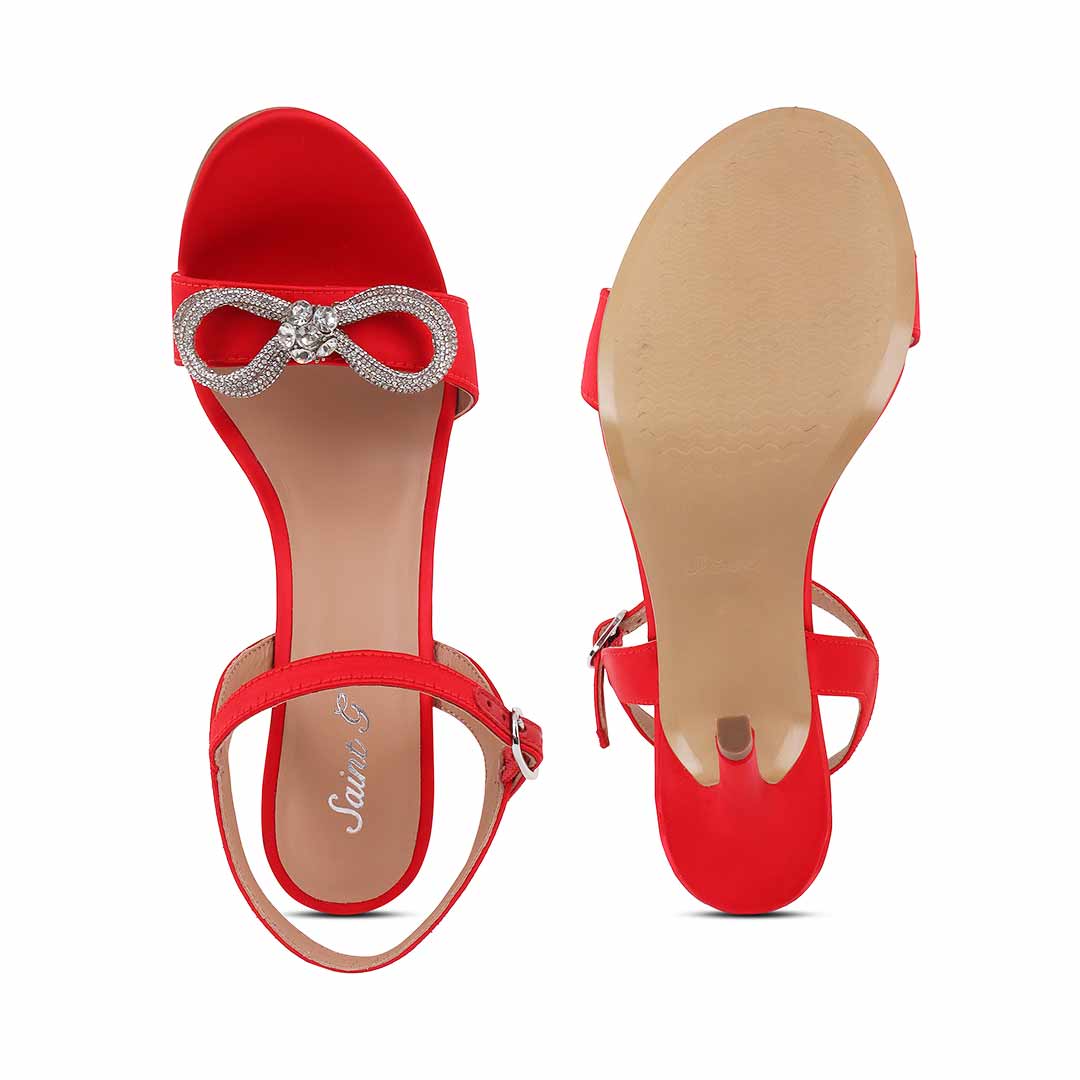 Saint Hayden Crystal Bow Red Satin-Leather Stilettos