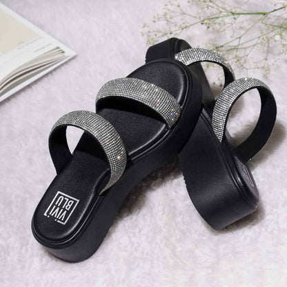 ViviBlu Black Leather Platform Sandals Embellished With Silver Straps