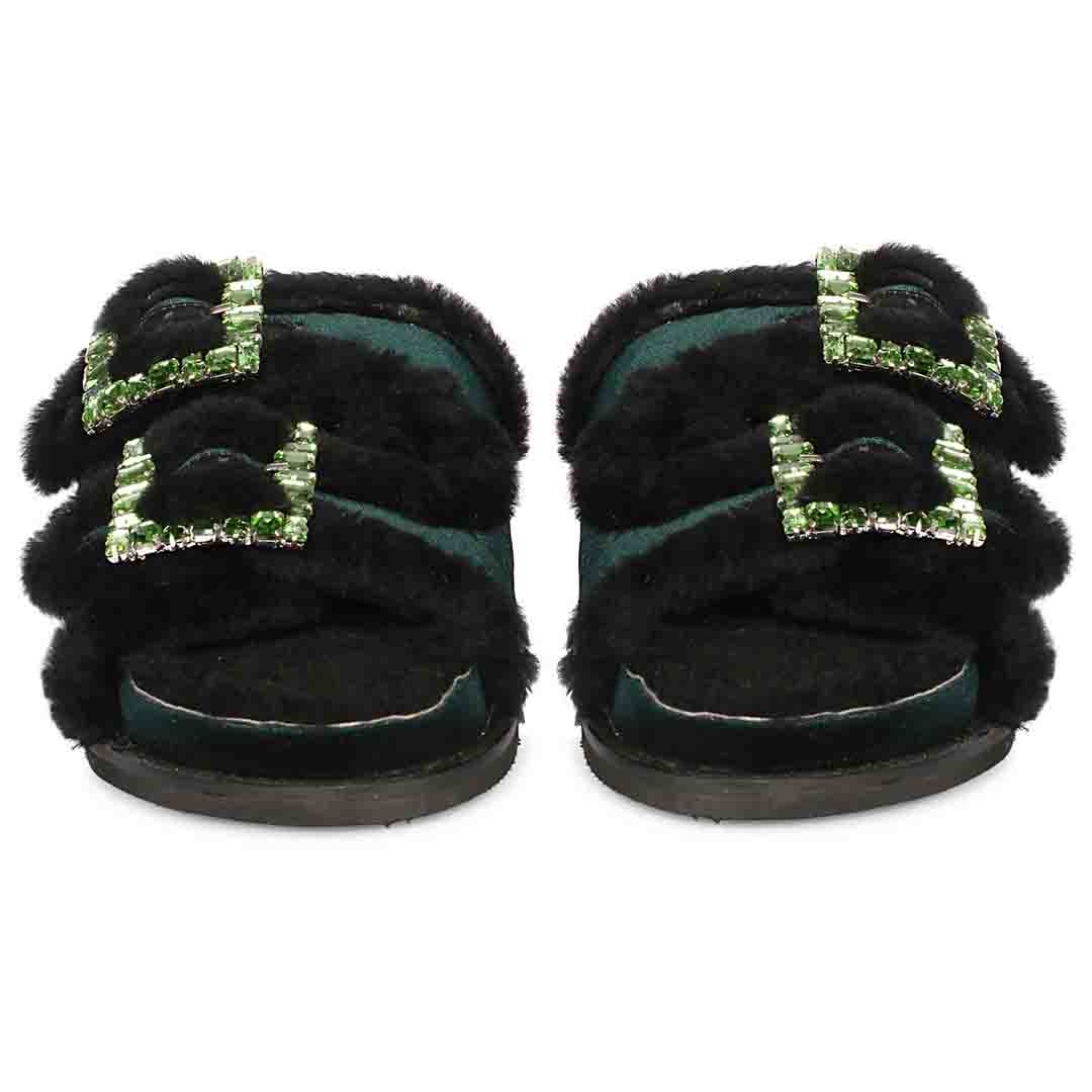Saint Gemma Diamante Buckles Green Fur Sandals