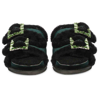 Saint Gemma Diamante Buckles Green Fur Sandals