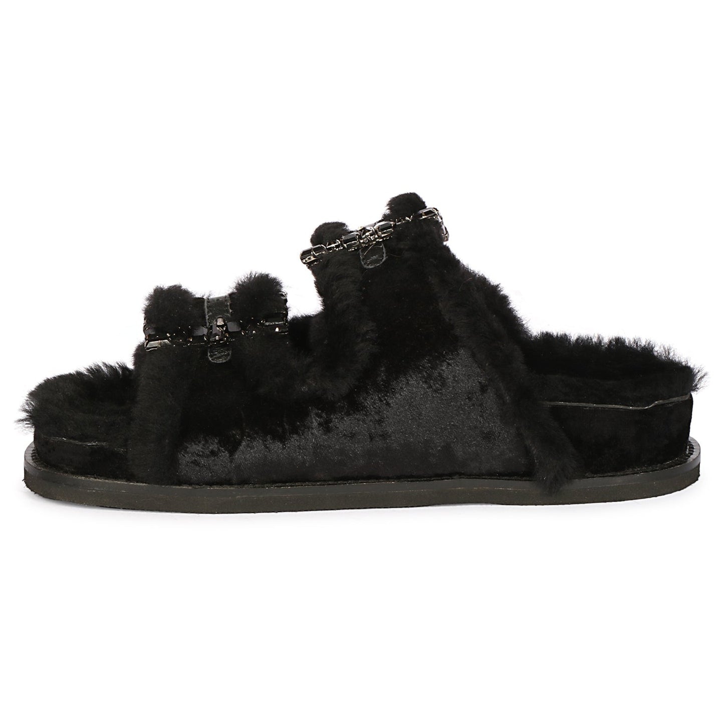 Saint Gemma Diamante Buckles Black Fur Sandals
