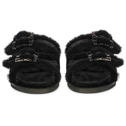 Saint Gemma Diamante Buckles Black Fur Sandals