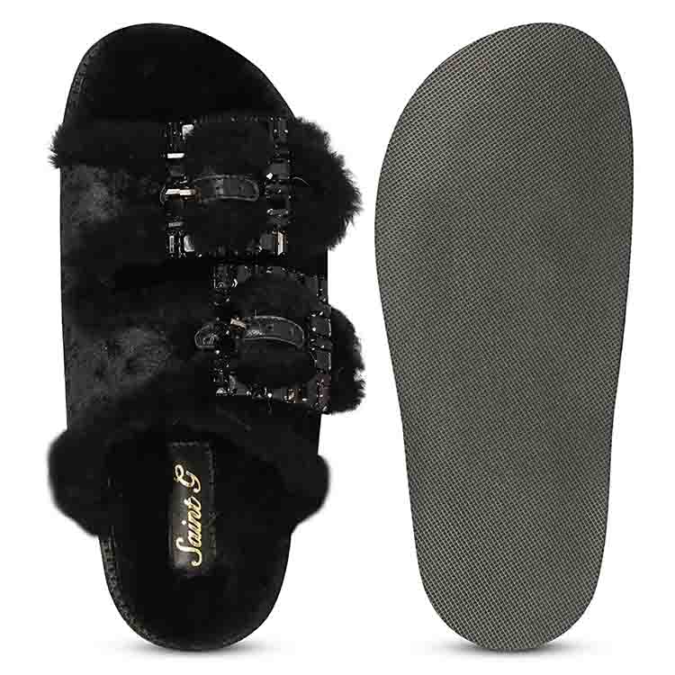 Saint Gemma Diamante Buckles Black Fur Sandals