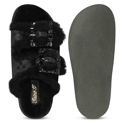 Saint Gemma Diamante Buckles Black Fur Sandals