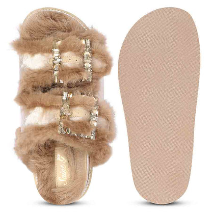 Saint Gemma Diamante Buckles Beige Fur Sandals