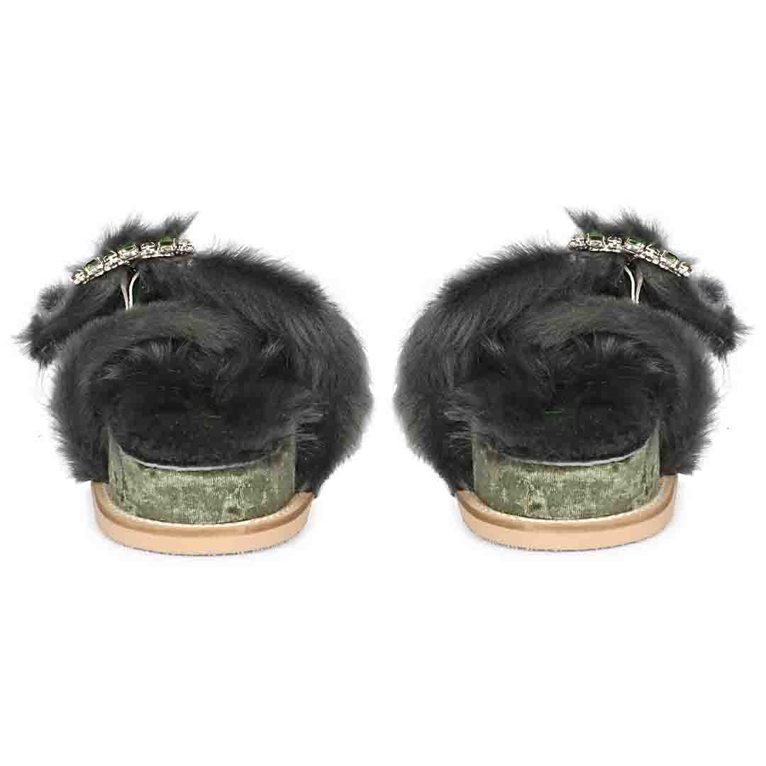Saint Gemma Diamante Buckles Pastel Green Fur Sandals