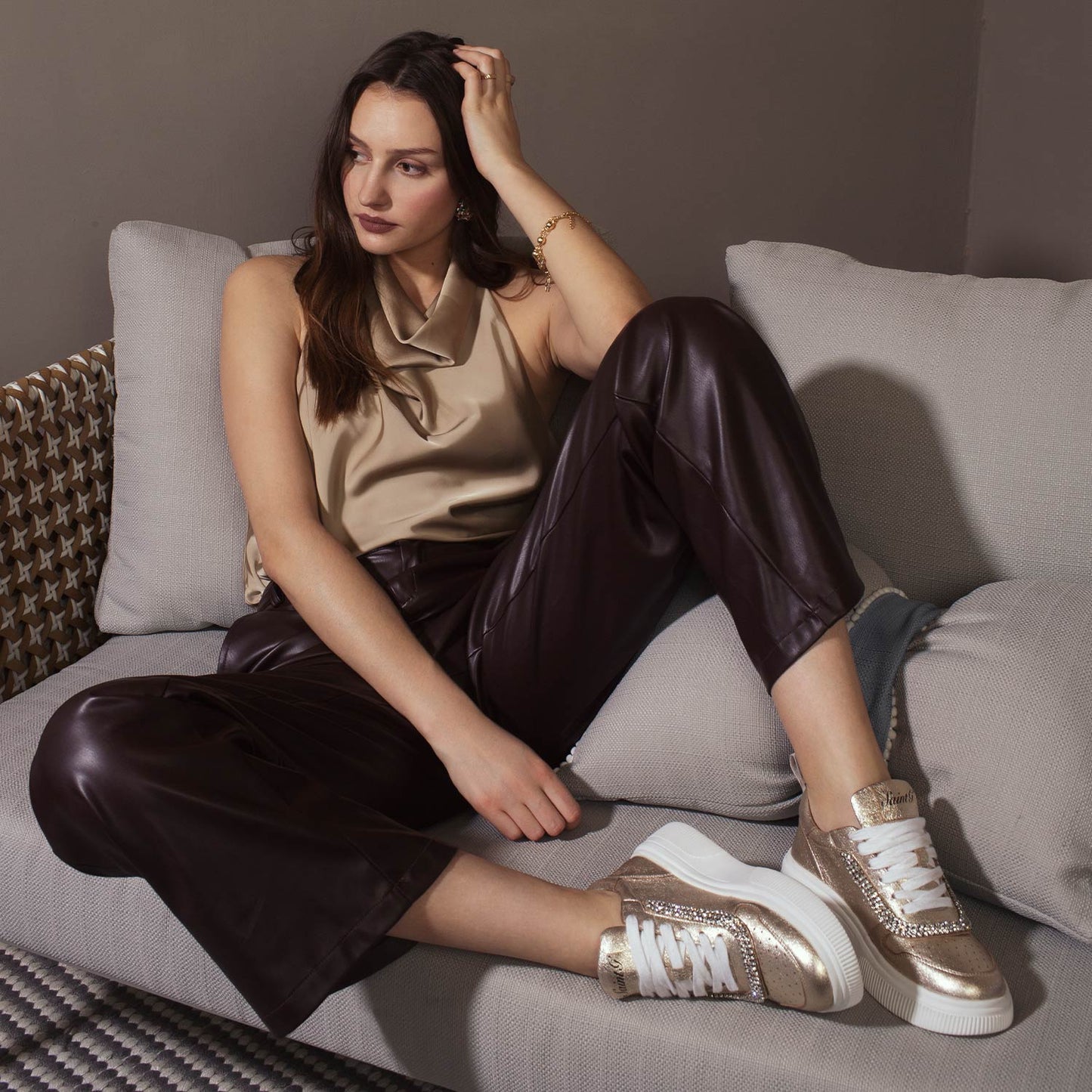 Trendy Crystal-Adorned Gold Leather Sneakers