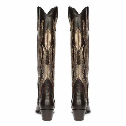 Saint Tiziana Hand Embroidered Brown Leather Cowboy Boots