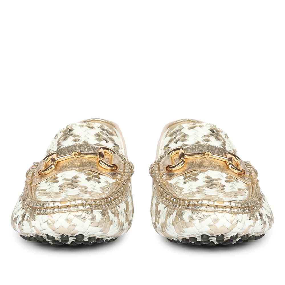 Saint Aurora Gold & White Handwoven Leather Horsebit Loafers