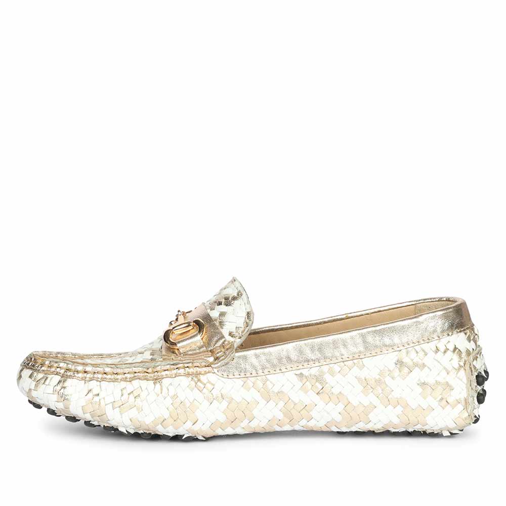 Saint Aurora Gold & White Handwoven Leather Horsebit Loafers