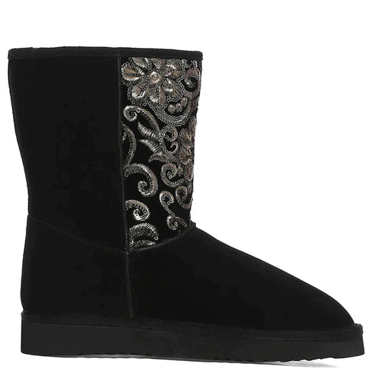 "Saint Corah Sequins Black Snug Boots: Stylish and comfortable women's footwear with sequin embellishments for a touch of glam."