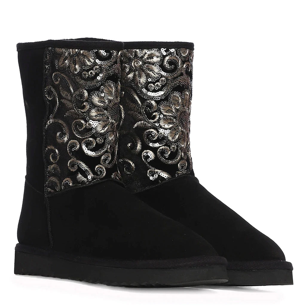 "Saint Corah Sequins Black Snug Boots: Stylish and comfortable women's footwear with sequin embellishments for a touch of glam."