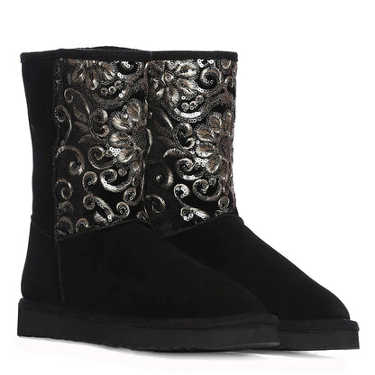 "Saint Corah Sequins Black Snug Boots: Stylish and comfortable women's footwear with sequin embellishments for a touch of glam."