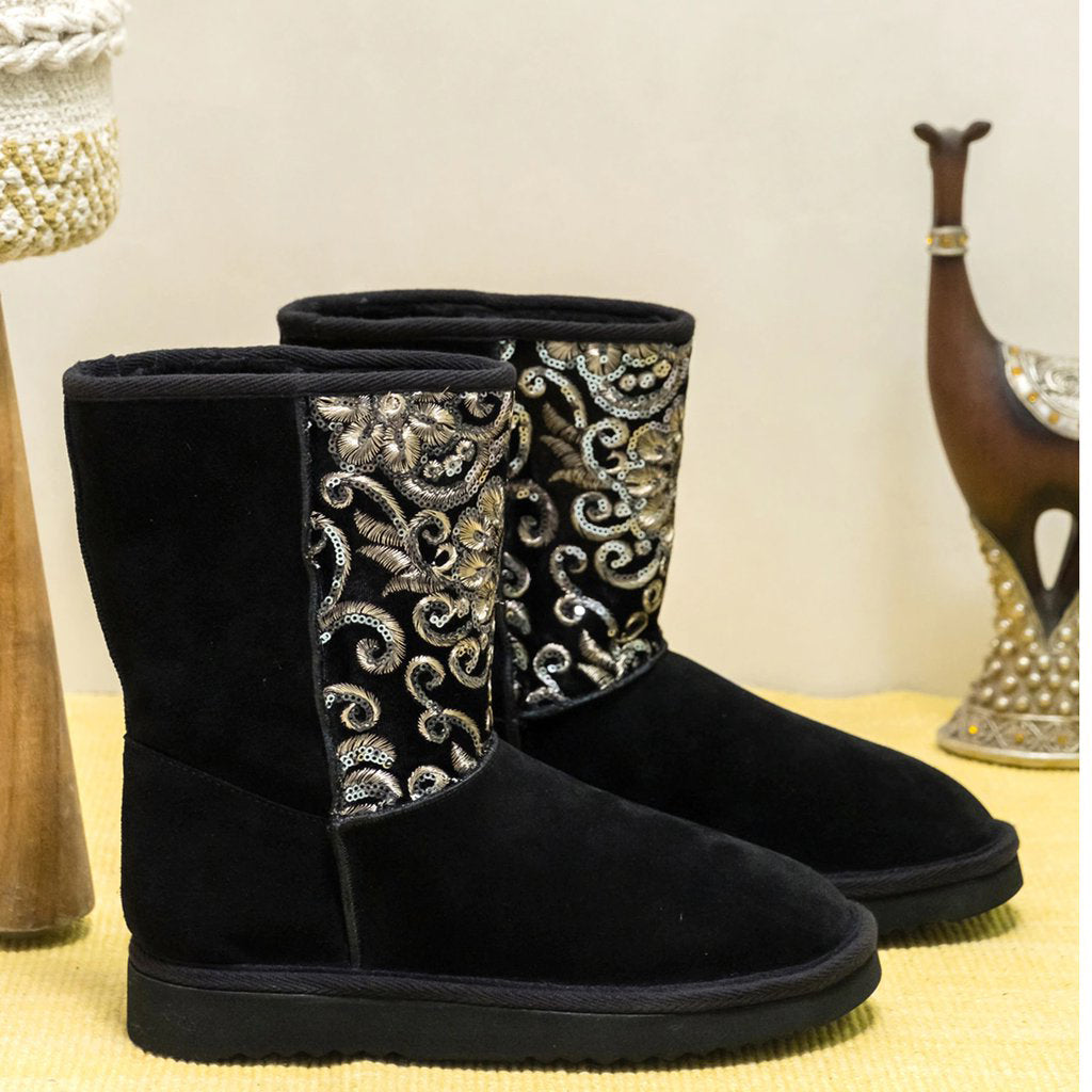 "Saint Corah Sequins Black Snug Boots: Stylish and comfortable women's footwear with sequin embellishments for a touch of glam."