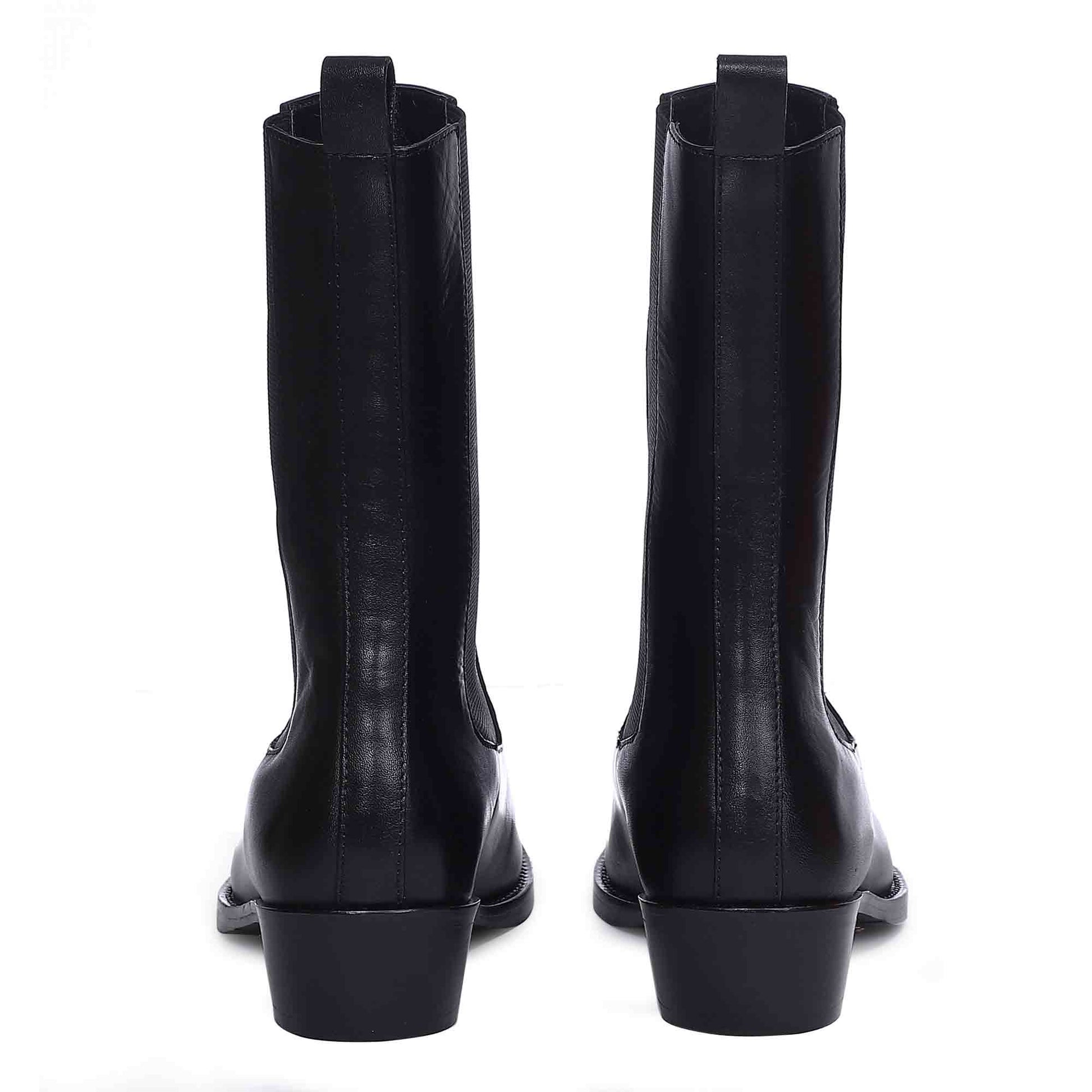 Saint Theresa High Ankle Black Leather Boots with Decorative Buckle – Stylish and chic footwear for a bold and confident look