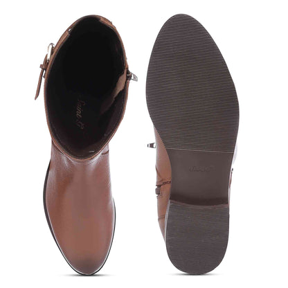 Saint Cara Tan Leather Buckle Detail Long Boots - SaintG