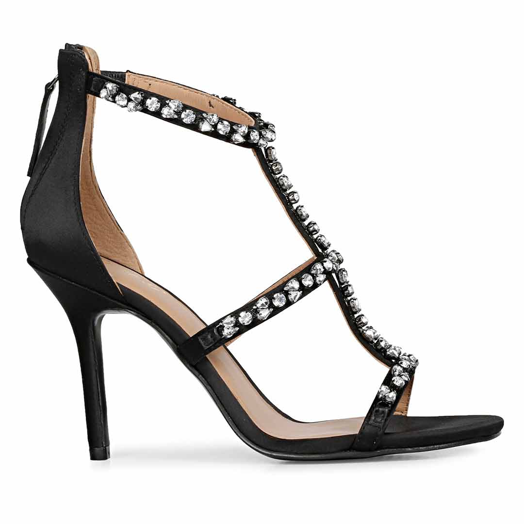 Saint Ella Silver Stone Embellished Black Leather Heels