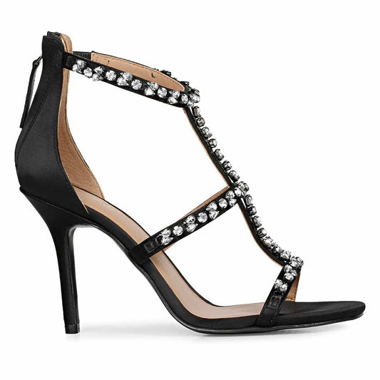 Saint Ella Silver Stone Embellished Black Leather Heels